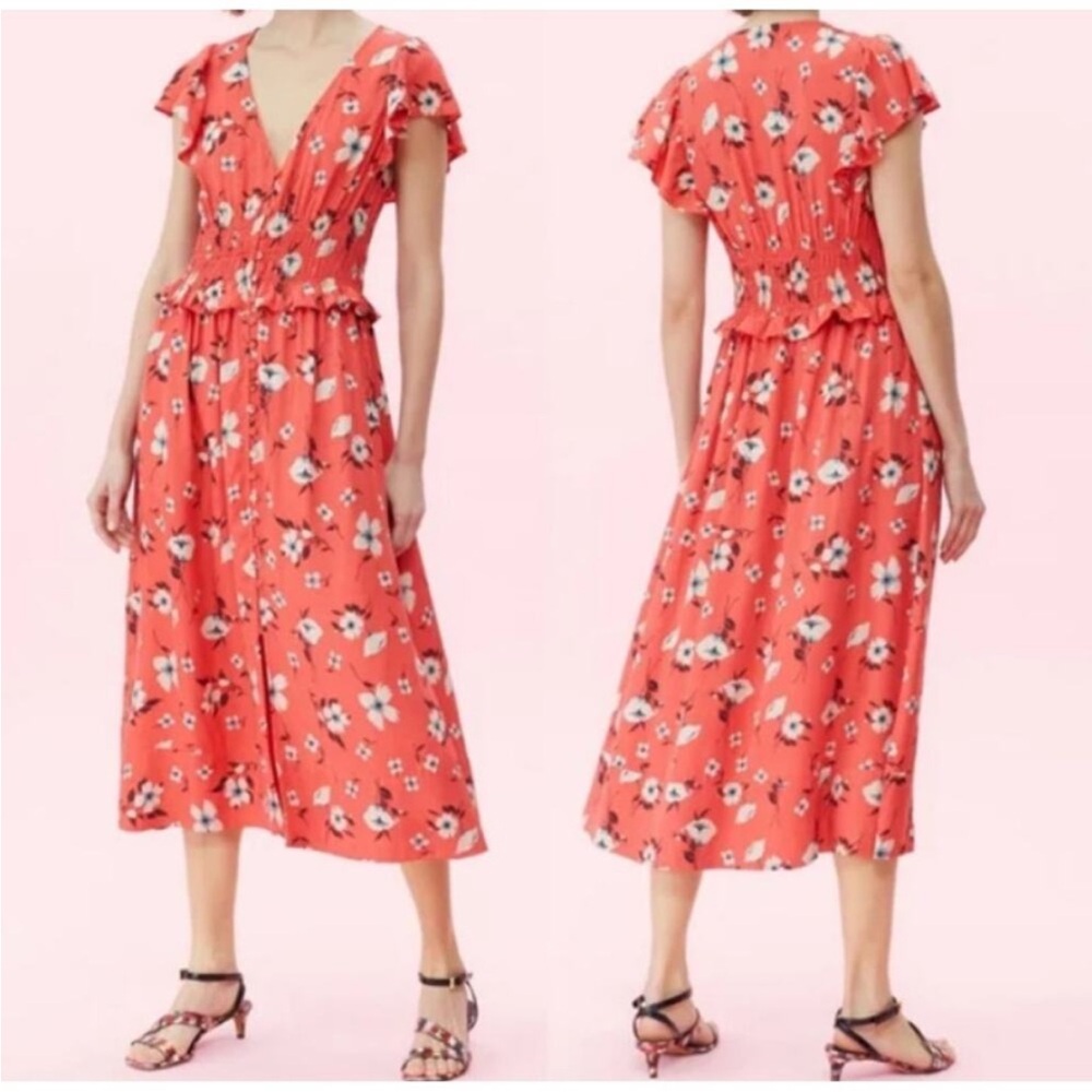 Rebecca Taylor Daniella Smocked Button Down Pink Floral Midi Dress